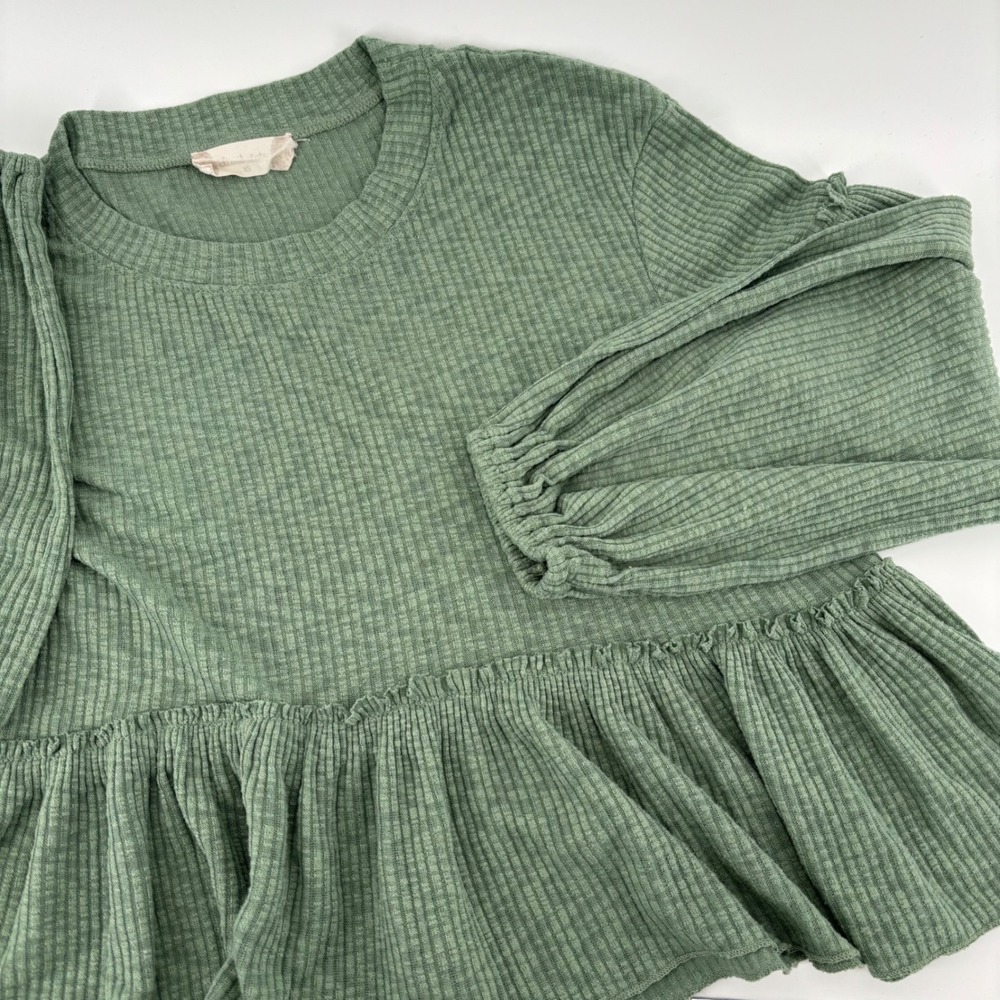 Alter'd State Babydoll Top Women XS Green Whimsical Ribbed Lantern Boho Sleeve